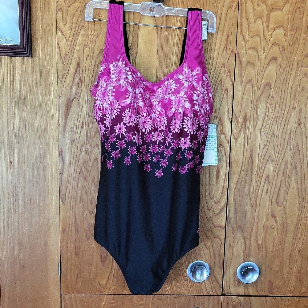NWT Auquabelle Black and Pink Floral Swimsuit
